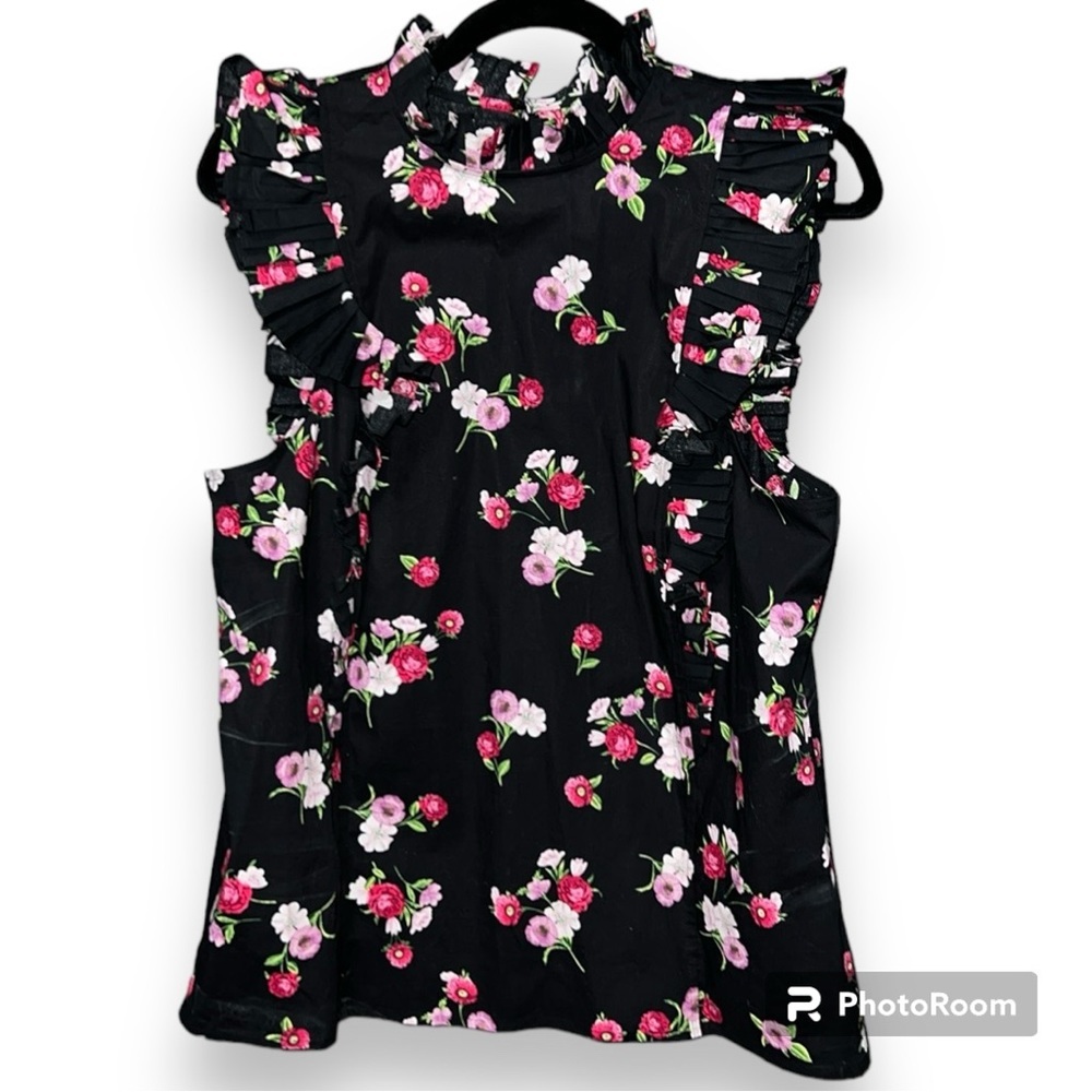 EXPRESS women’s size large black & pink floral pleated ruffle neck and sleeves